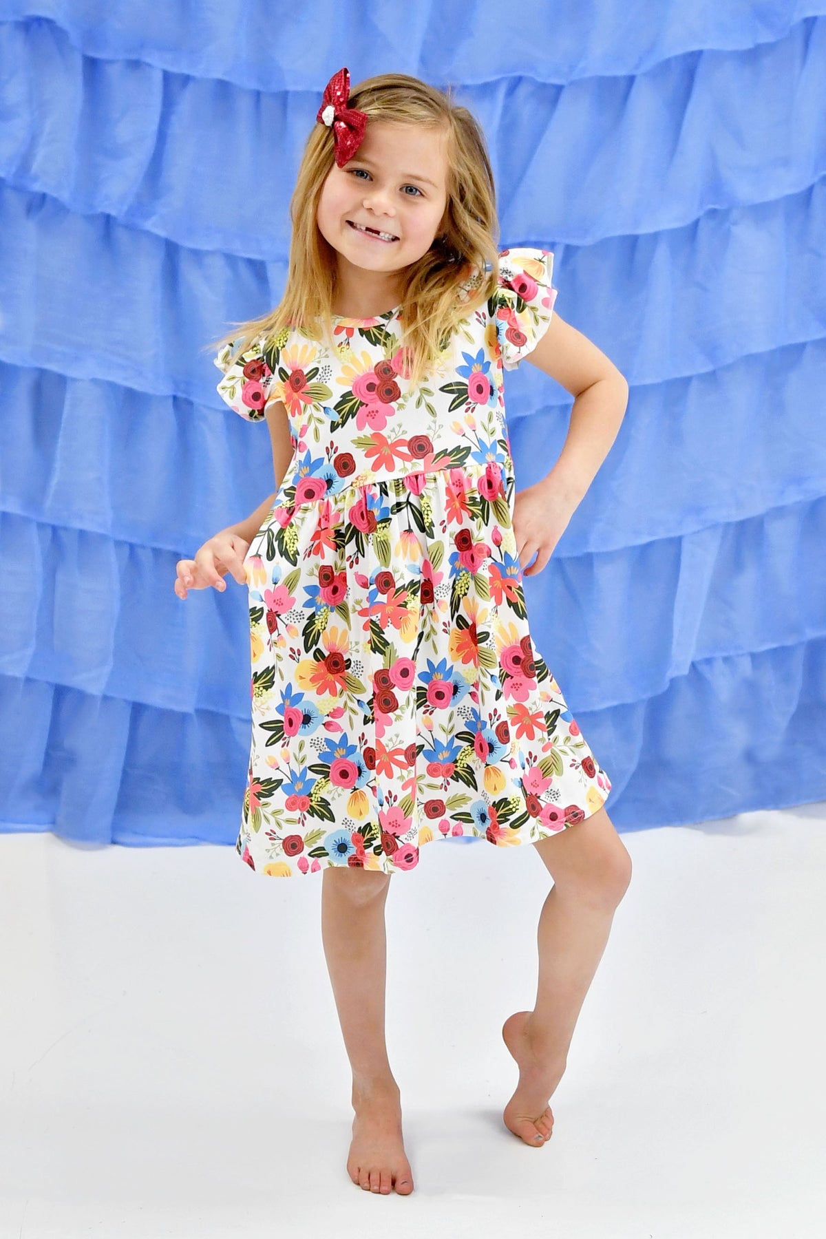 White Floral Long Flutter Milk Silk Dress