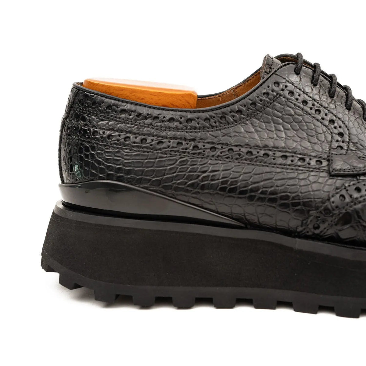 Black Calfskin Wingtip Derby Shoes with Scale Texture