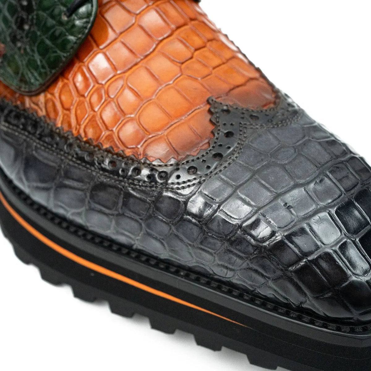 Multicolor Leather Wingtip Derby Shoes with Scale Texture