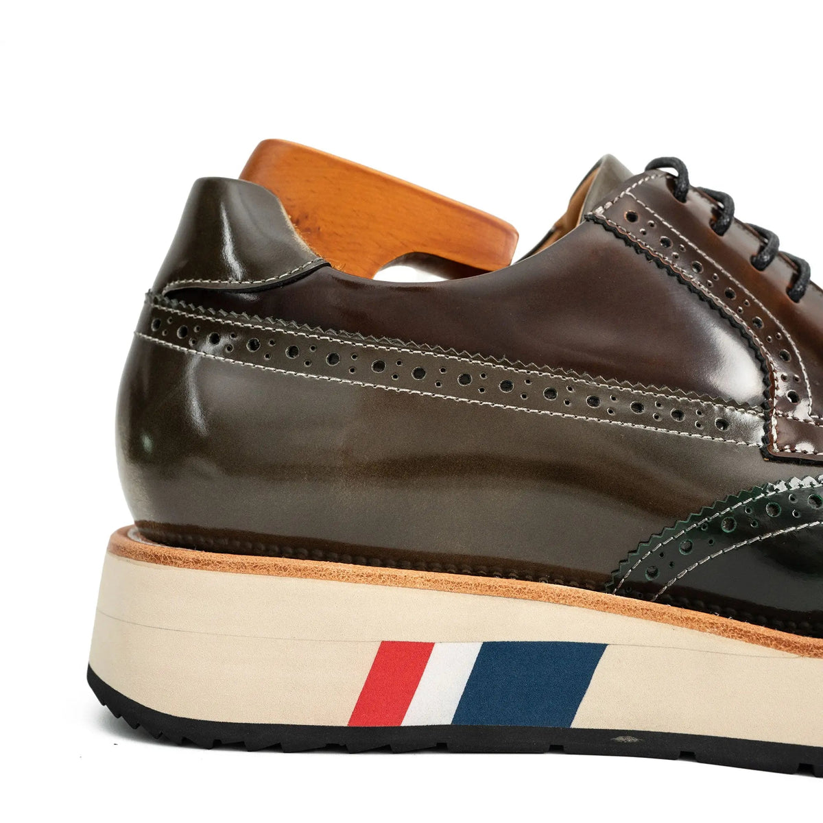 Green and Brown Glossy Wingtip Derby Shoe