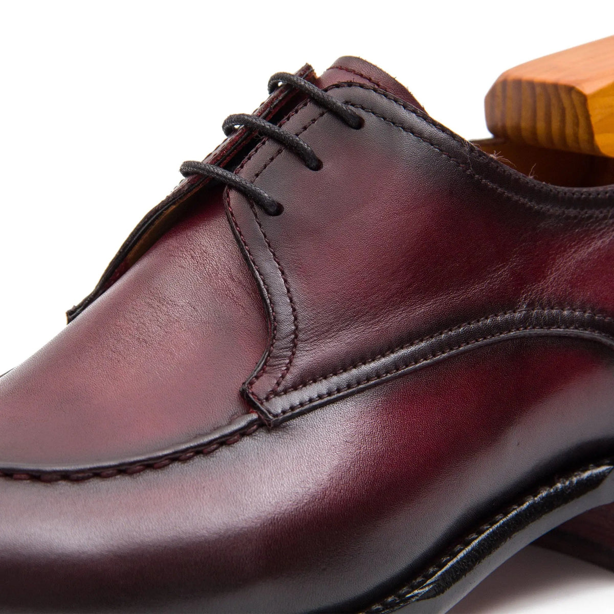 Burgundy Apron-Toe Derby Shoes with Polished Finish
