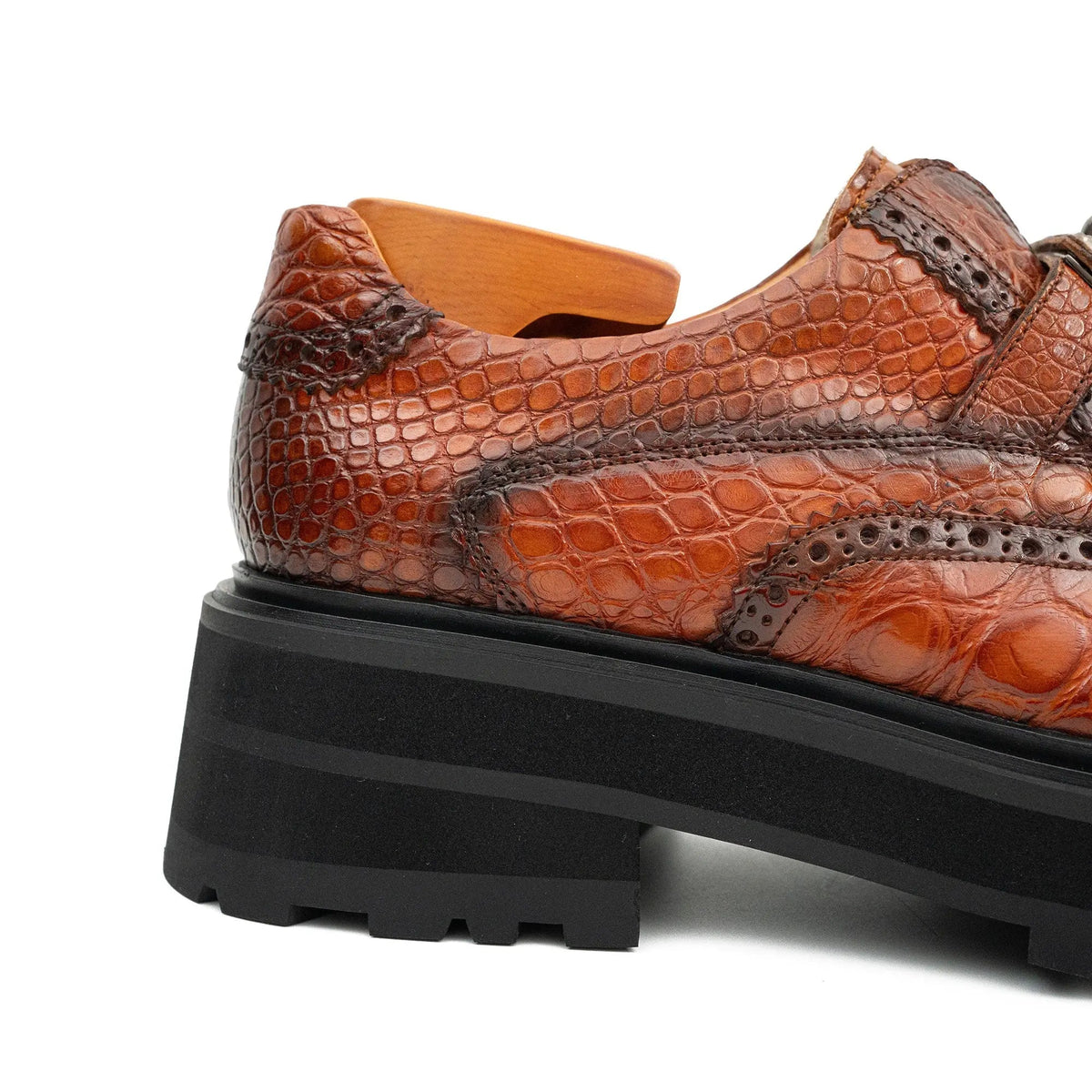 Orange-Brown Textured Lug Sole Single Buckle Monk Shoe