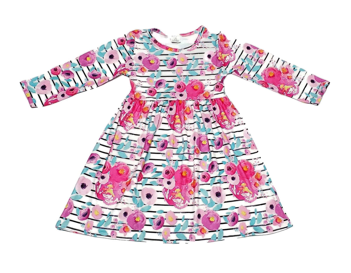 Striped Floral Long Sleeve Milk Silk Flutter Dress