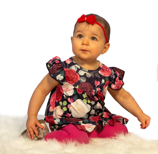 Dark Color Rose Floral Milk Silk Flutter Dress