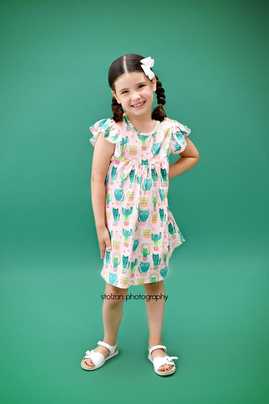 Kitty Cactus Milk Silk Flutter Dress