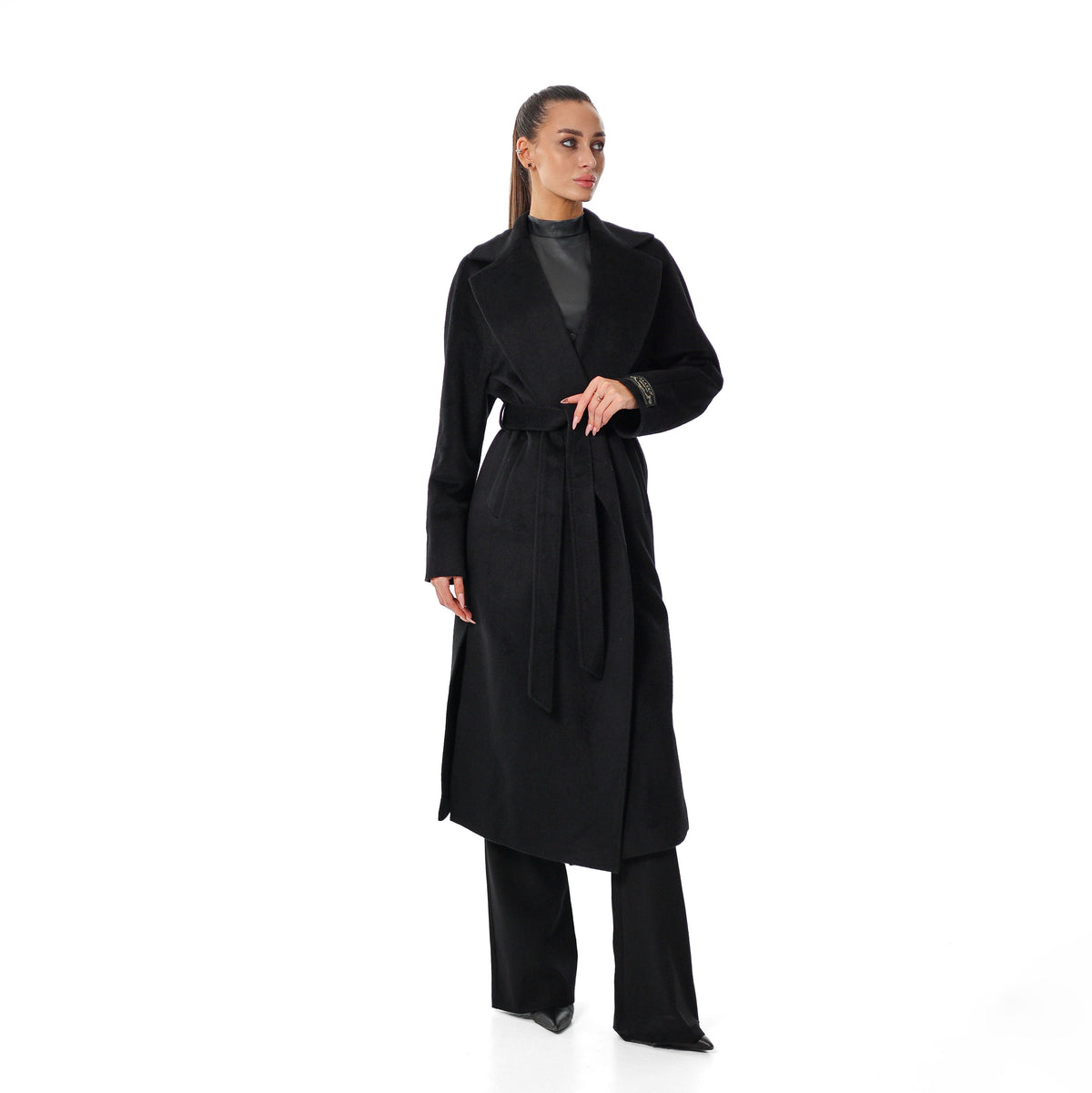 Cambridge Comfort Wraparound Wool Cashmere Coat in Black