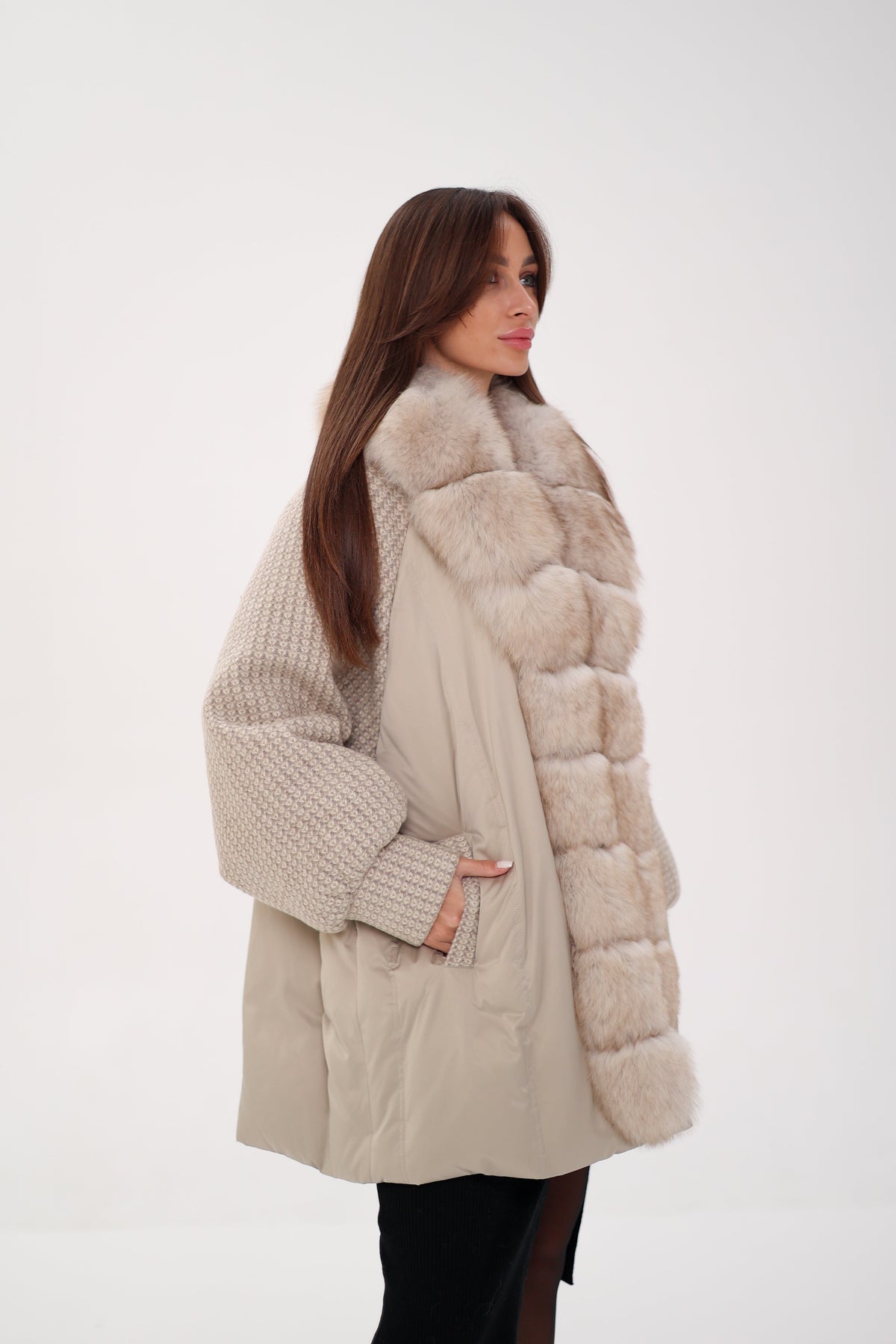Genuine Polar Fox Boucle Down Coat