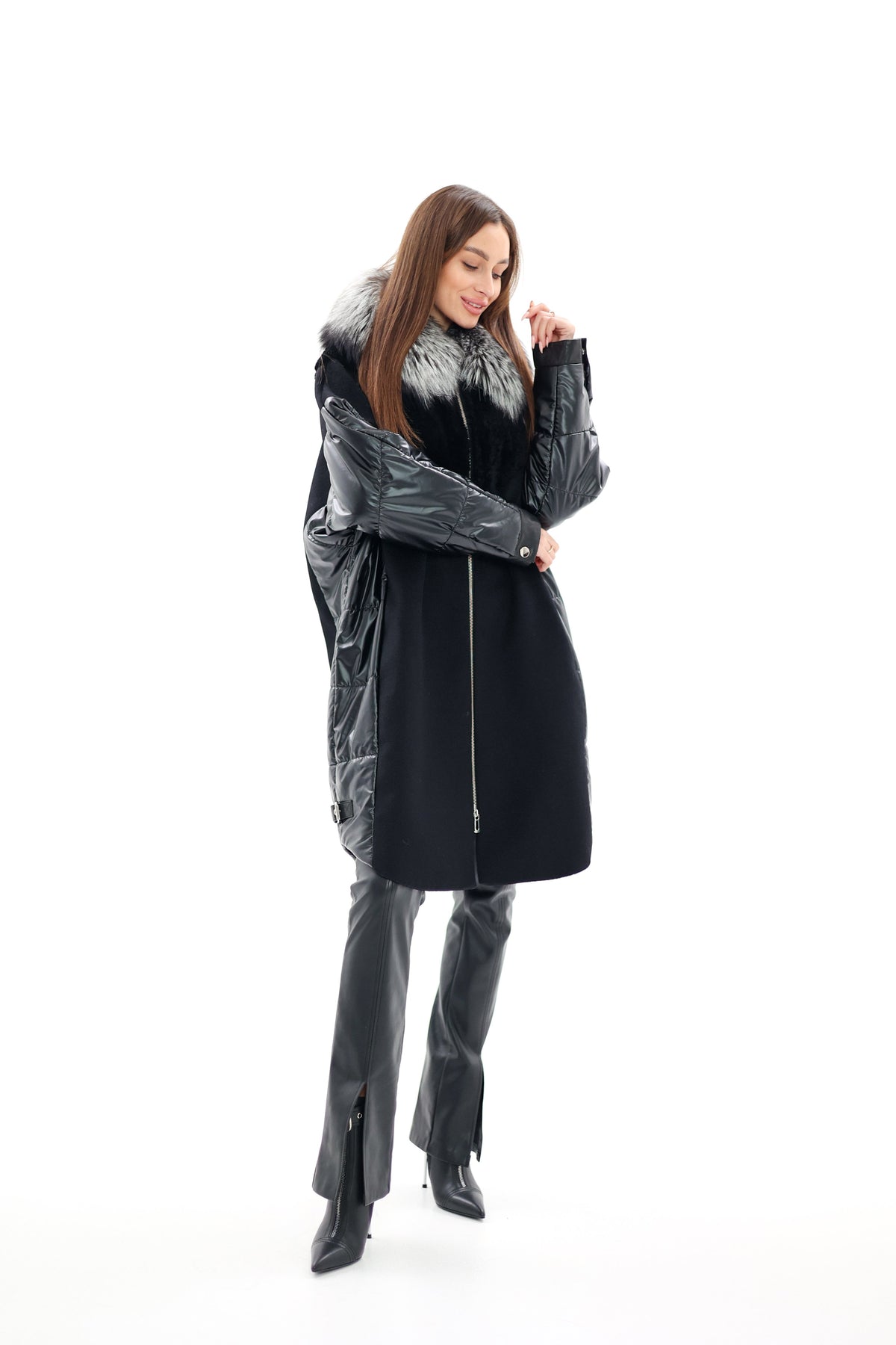 Genuine Silver Fox Fur Italian Cashmere Wool Freudenberg Comfortemp® Coat