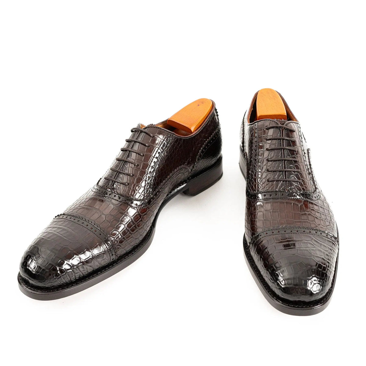 Dark Brown Cap-Toe Oxford Shoes with Perforated Detail