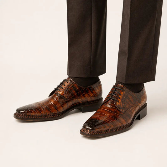 Brown Cap-Toe Derby Shoes with Scale-Pattern Texture