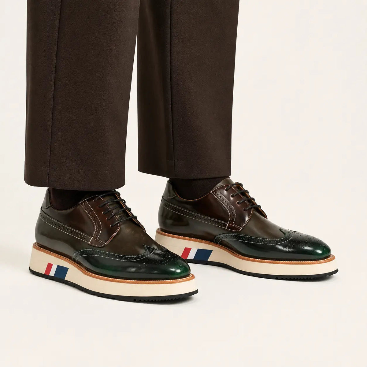 Green and Brown Glossy Wingtip Derby Shoe