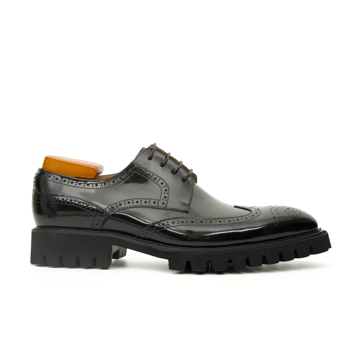 Black Wingtip Derby Shoes with Lug Sole