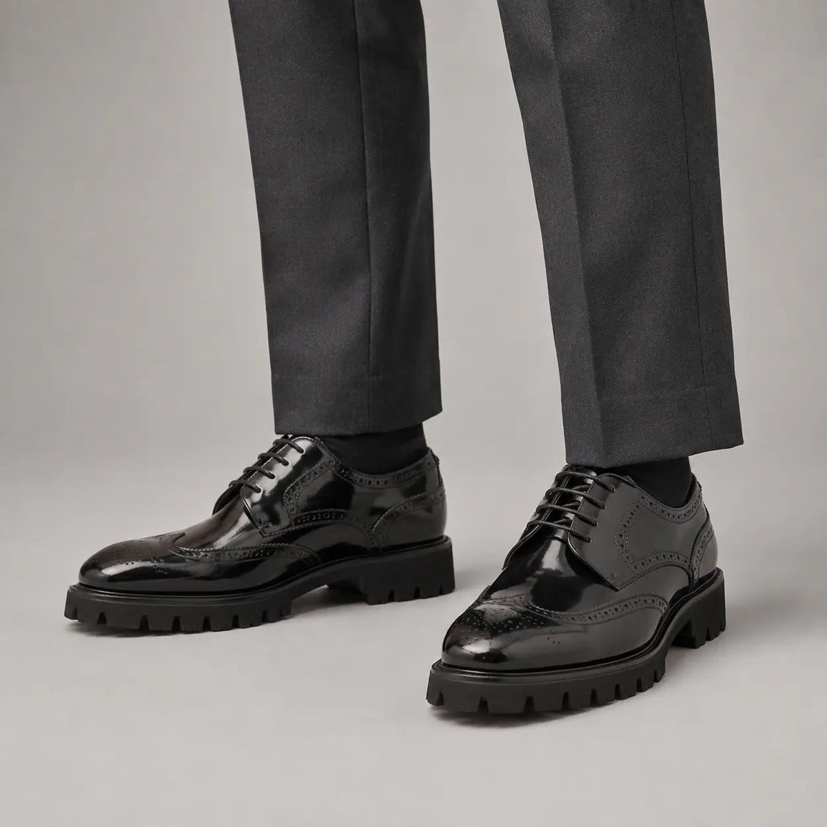 Black Wingtip Derby Shoes with Lug Sole