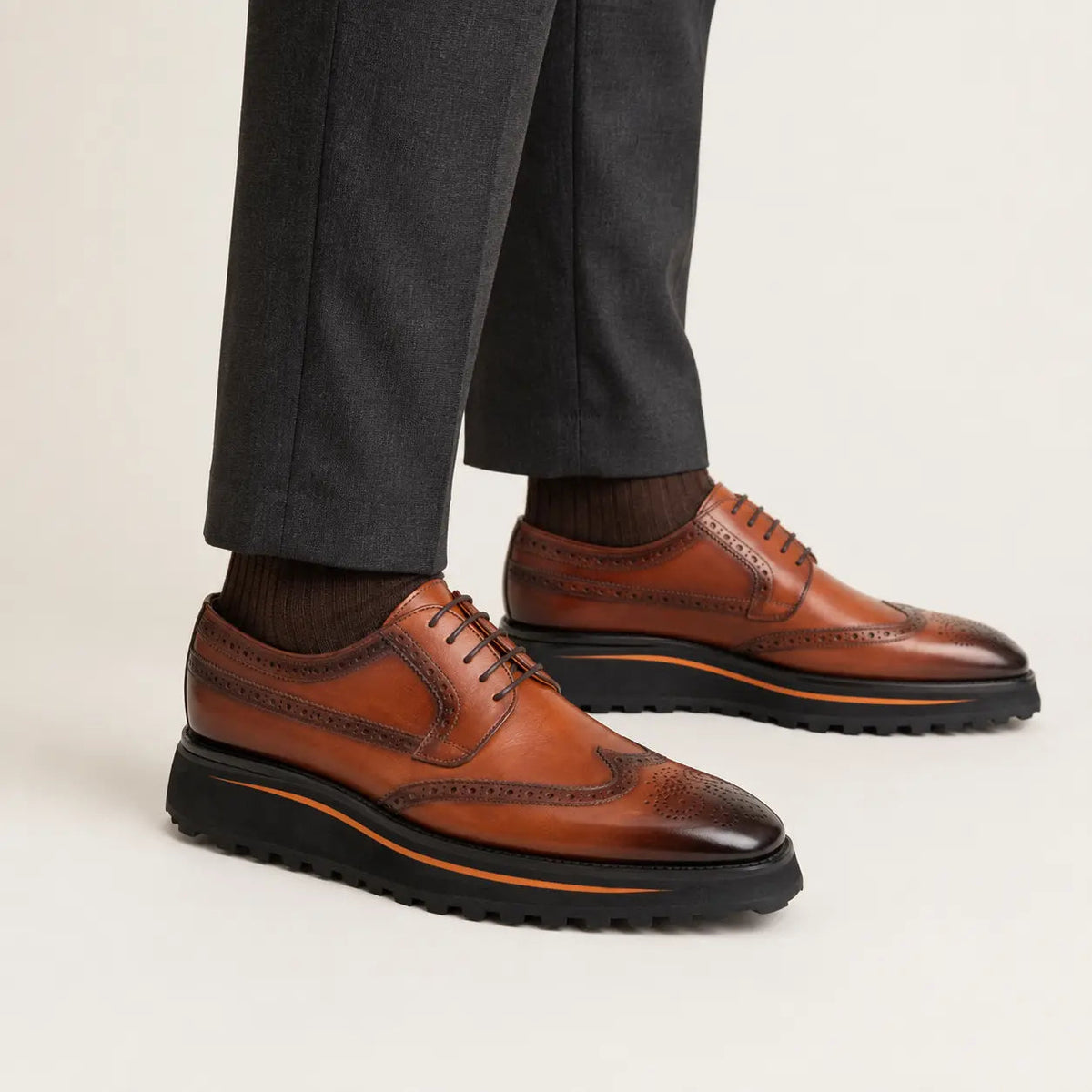 Brown Wingtip Derby Shoes with Brown-Edge Lug Sole