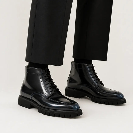 Black Apron-Toe Ankle Boot with Blue Toe Shading