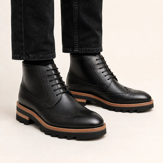 Black Wingtip Ankle Boots with Brown-Band Ridged Sole