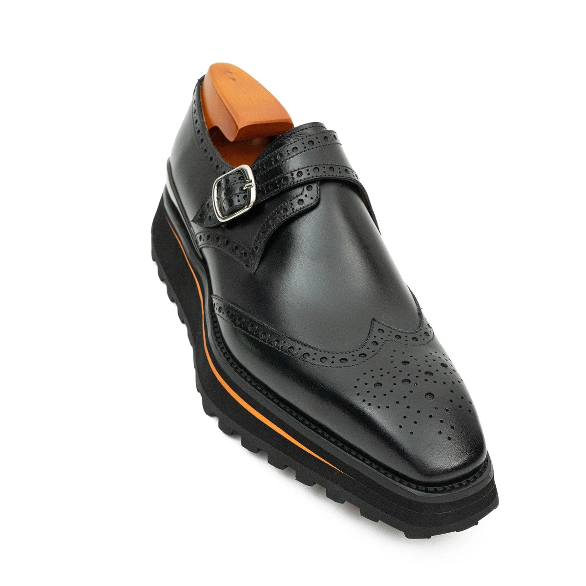 Black Lug Sole Wingtip Buckle Monk Shoe
