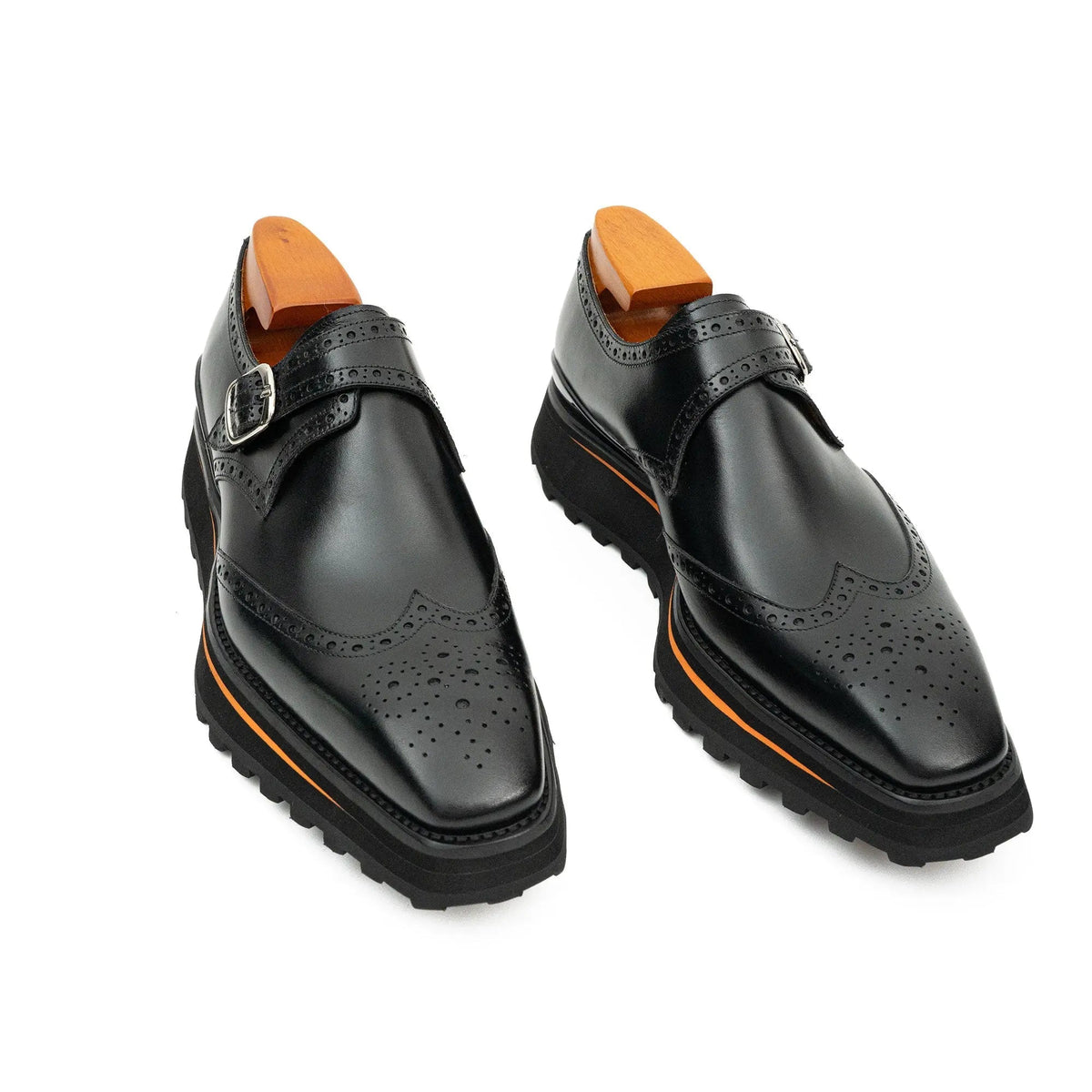 Black Lug Sole Wingtip Buckle Monk Shoe