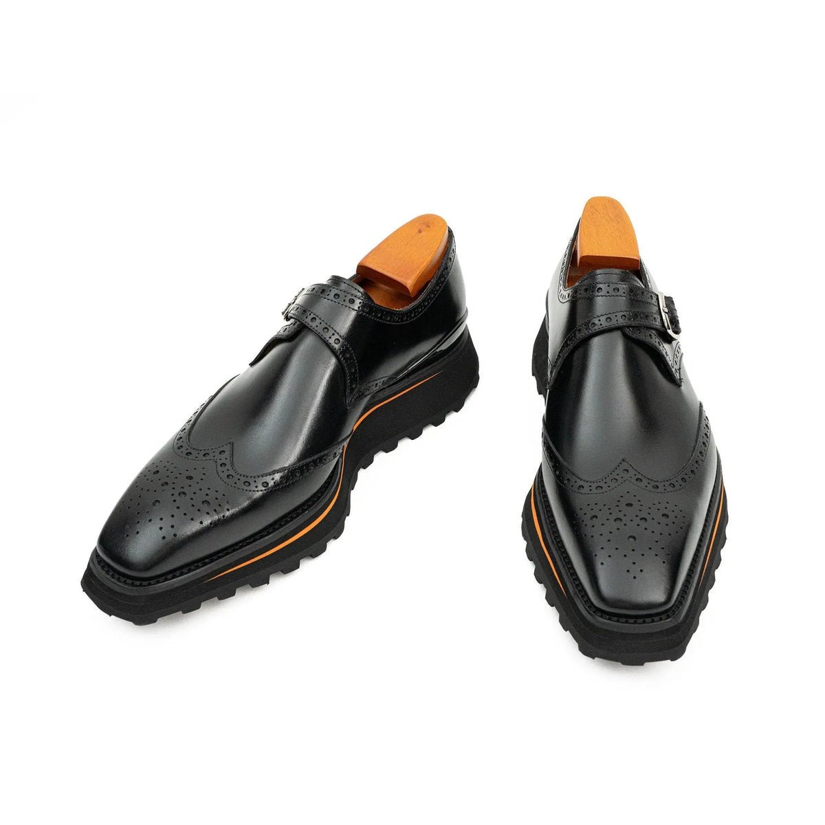 Black Lug Sole Wingtip Buckle Monk Shoe