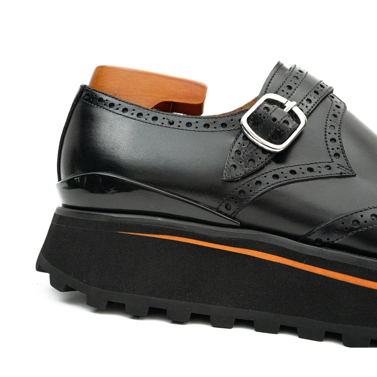 Black Lug Sole Wingtip Buckle Monk Shoe