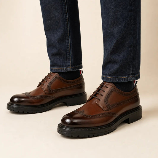 Brown Wingtip Derby Shoes with Medallion and Tongue Tab