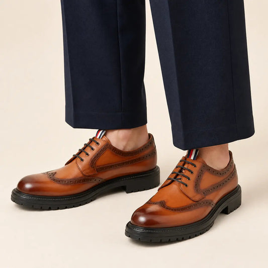 Orange-Brown Wingtip Derby Shoes with Pull Tab