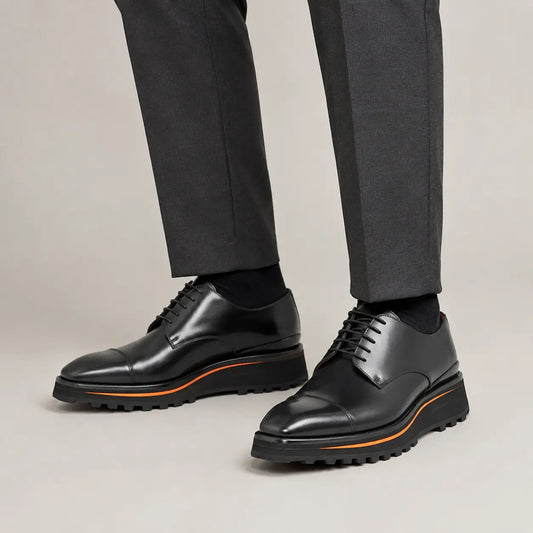 Black Cap-Toe Derby Shoes with Brown-Edge Lug Sole