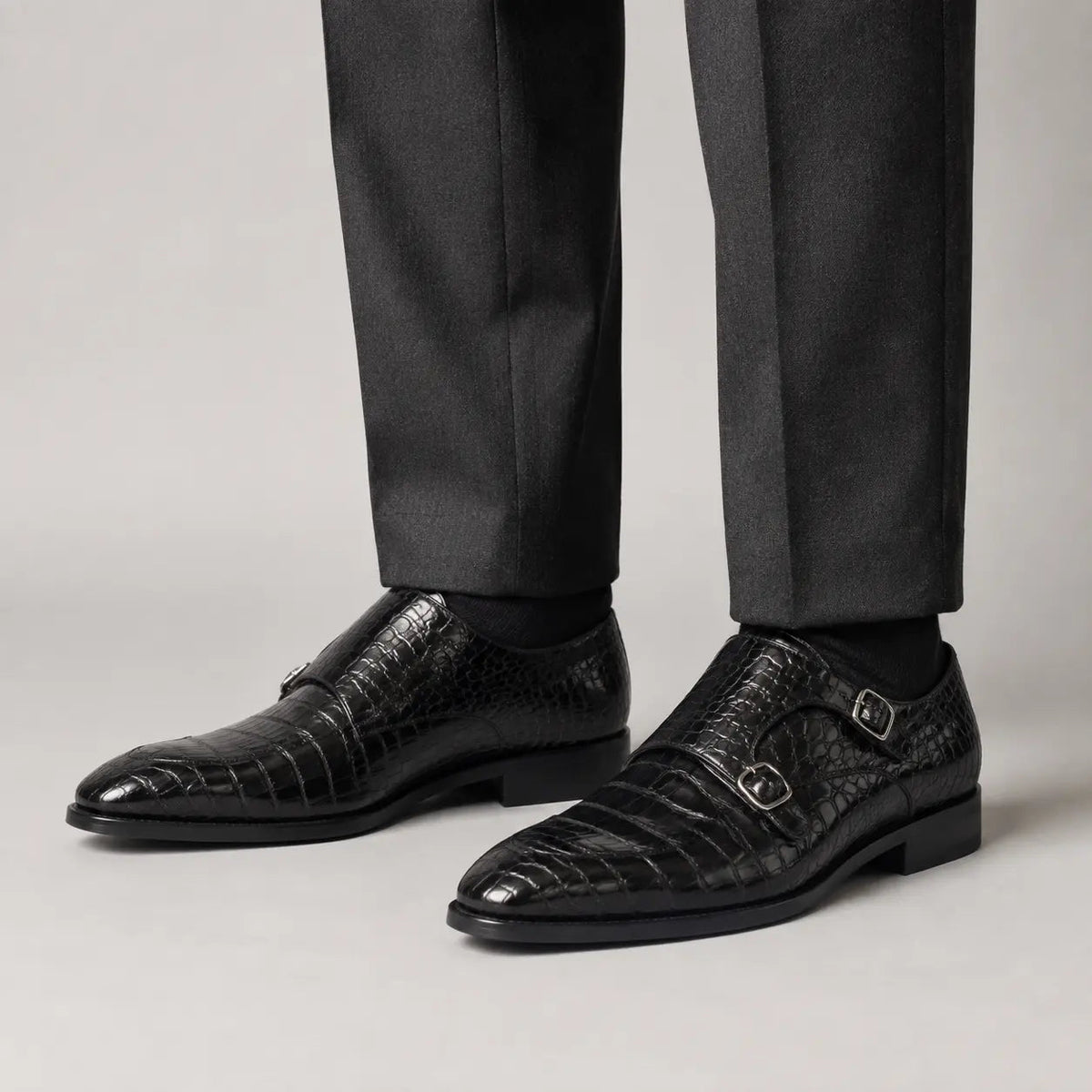 Black Scale-Pattern Double Monk Strap Shoes