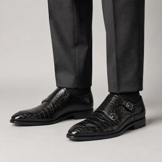 Black Scale-Pattern Double Monk Strap Shoes