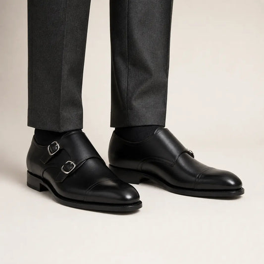 Black Cap-Toe Double Monk Strap Shoes with Polished Finish