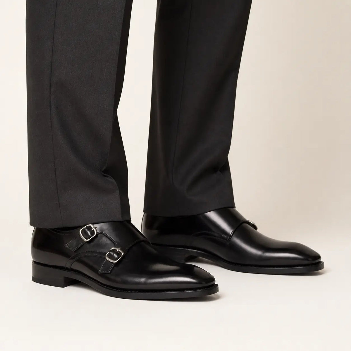 Black Square-Toe Double Monk Strap Shoes with Glossy Finish