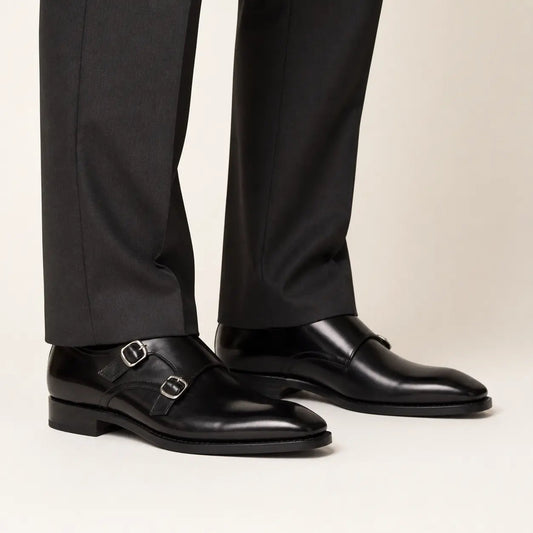 Black Square-Toe Double Monk Strap Shoes with Glossy Finish