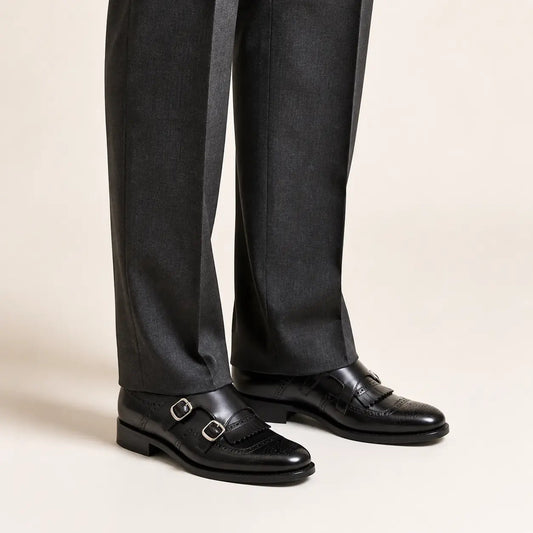 Black Cap-Toe Double Monk Strap Shoes with Fringed Vamp