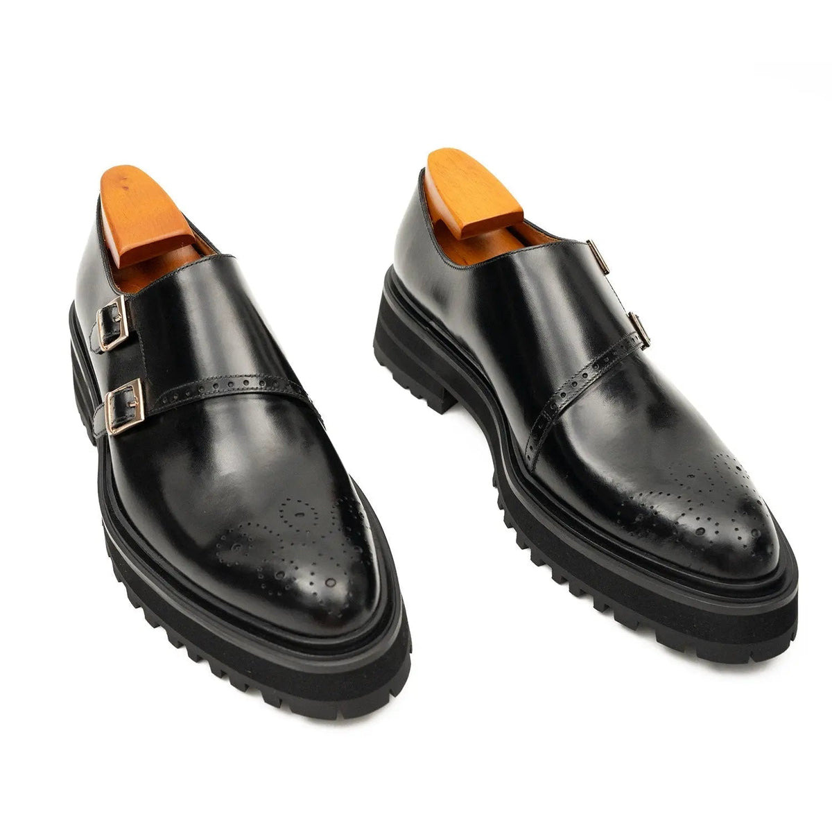Black Glossy Lug Sole Double Buckle Monk Shoe