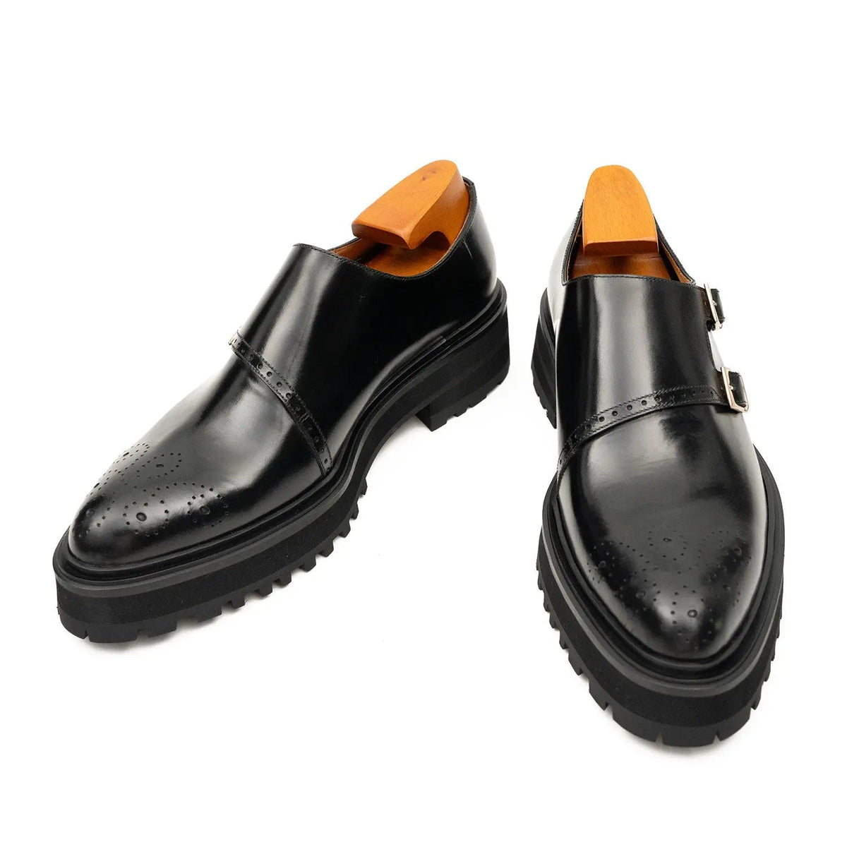 Black Glossy Lug Sole Double Buckle Monk Shoe