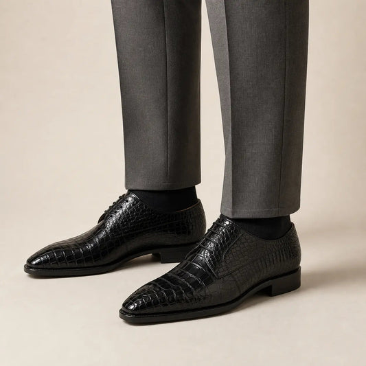 Black Plain-Toe Derby Shoes with Scale-Pattern Texture
