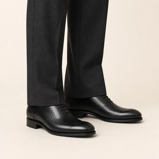 Black Leather Wingtip Oxford Shoes with Glossy Finish