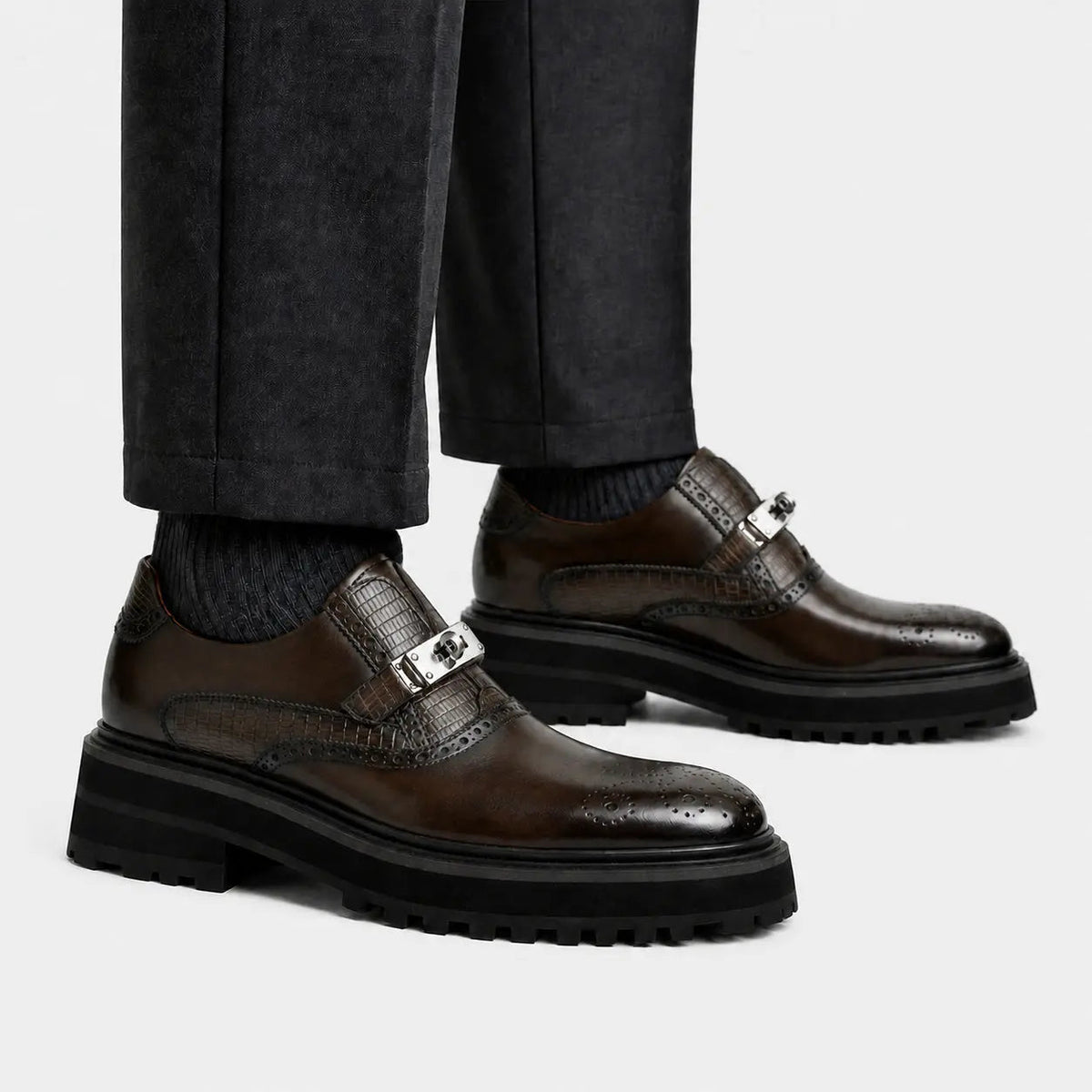 Dark Brown Lug Sole Single Buckle Monk Shoe