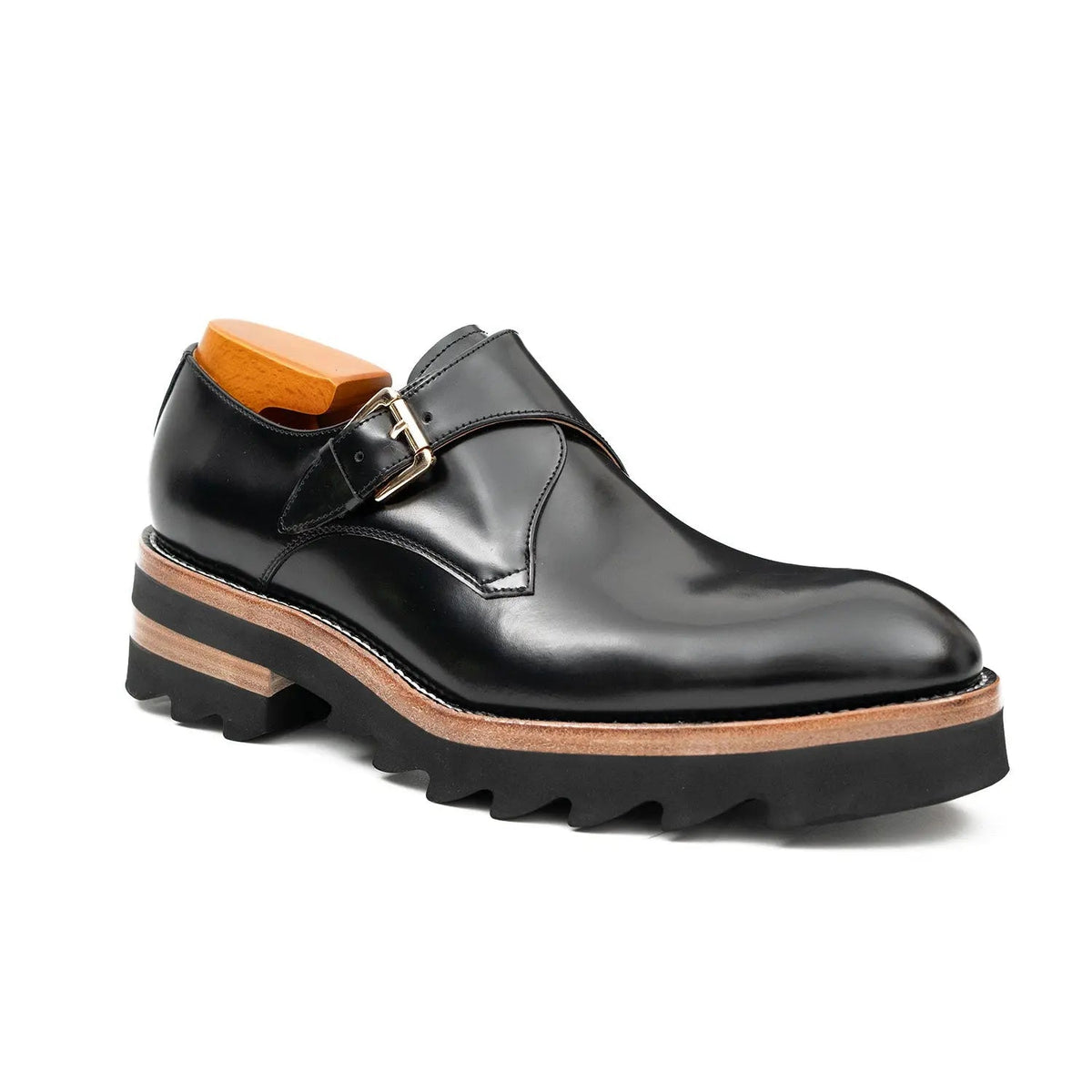 Black Plain-Toe Single Monk Strap Shoes with Brown-Band Lug Sole