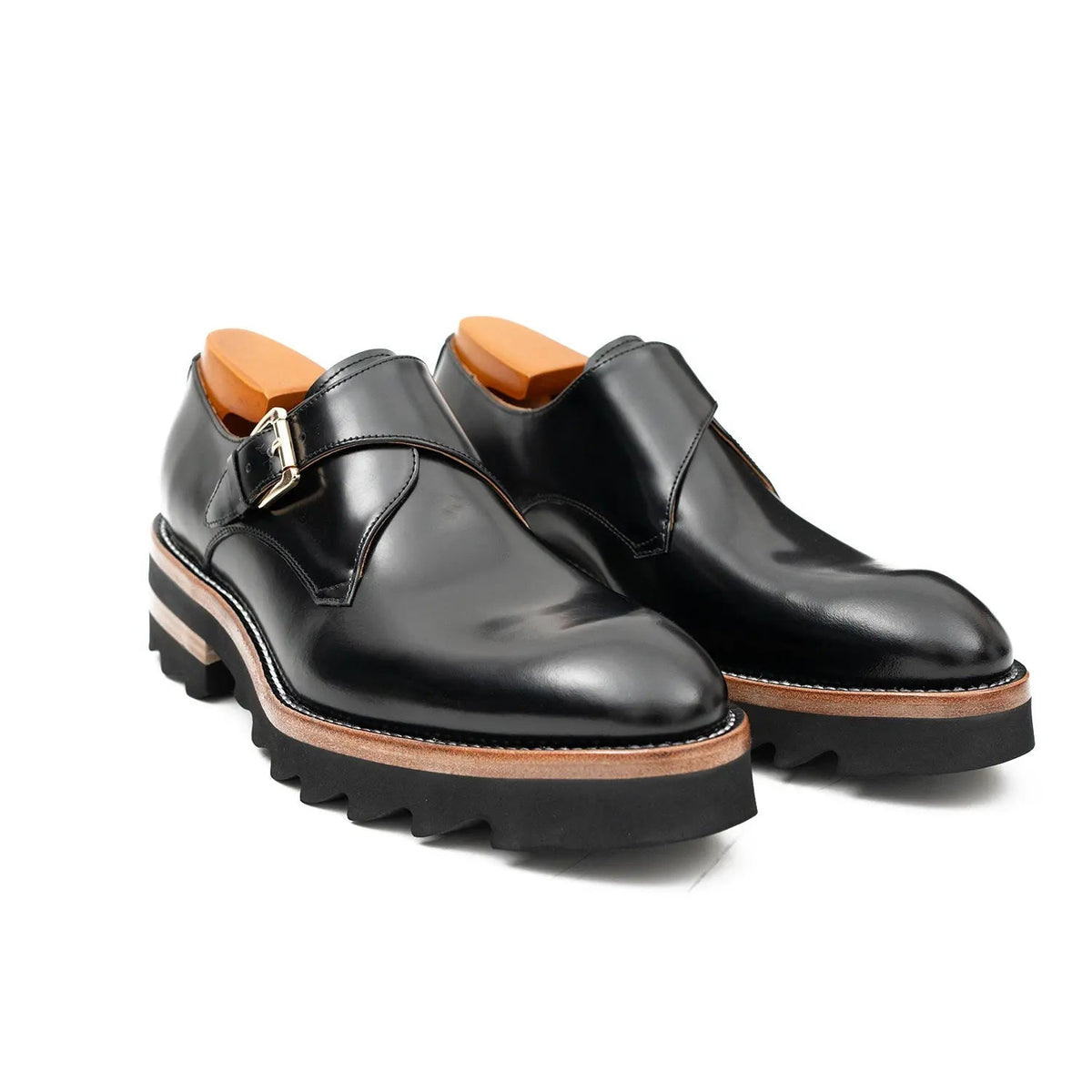Black Plain-Toe Single Monk Strap Shoes with Brown-Band Lug Sole