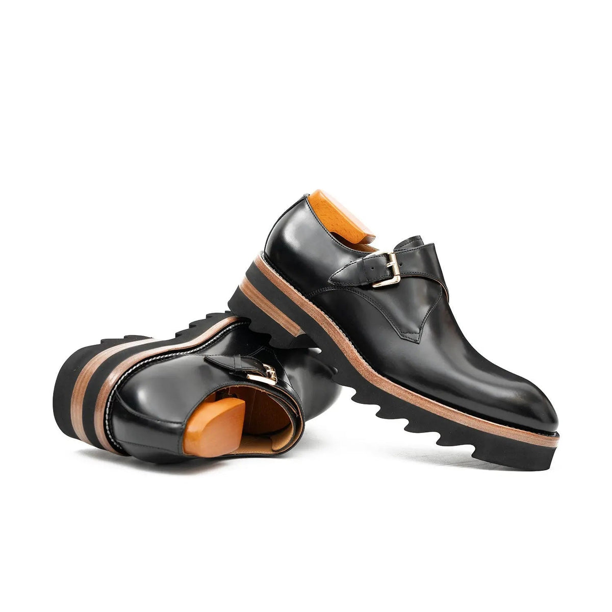 Black Plain-Toe Single Monk Strap Shoes with Brown-Band Lug Sole