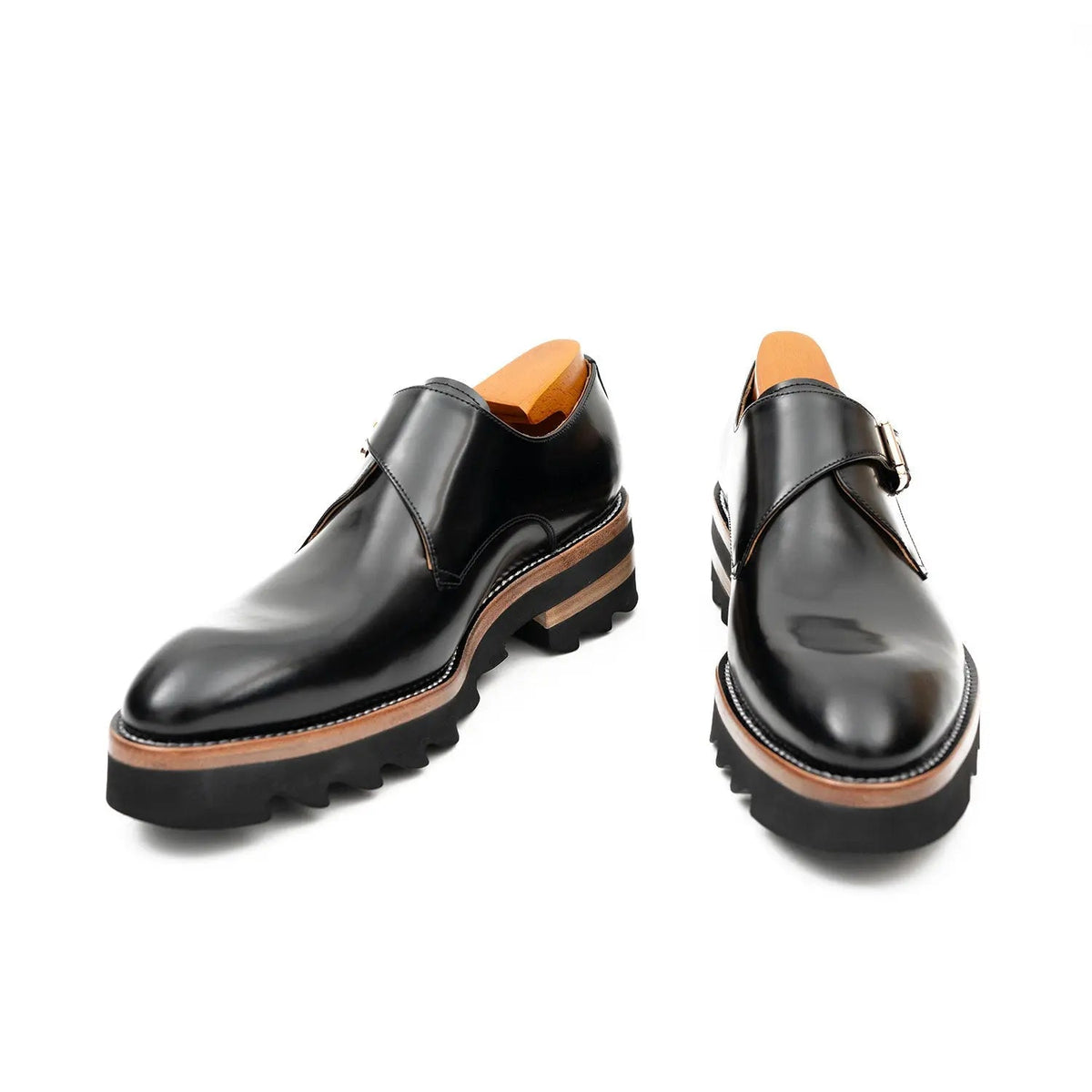 Black Plain-Toe Single Monk Strap Shoes with Brown-Band Lug Sole