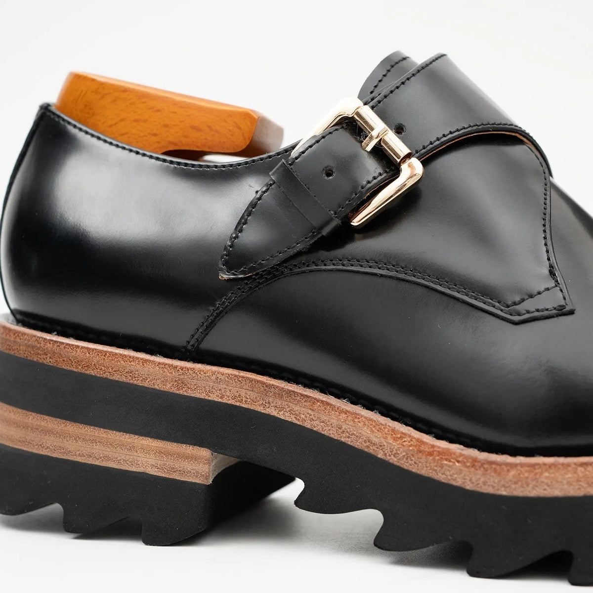 Black Plain-Toe Single Monk Strap Shoes with Brown-Band Lug Sole