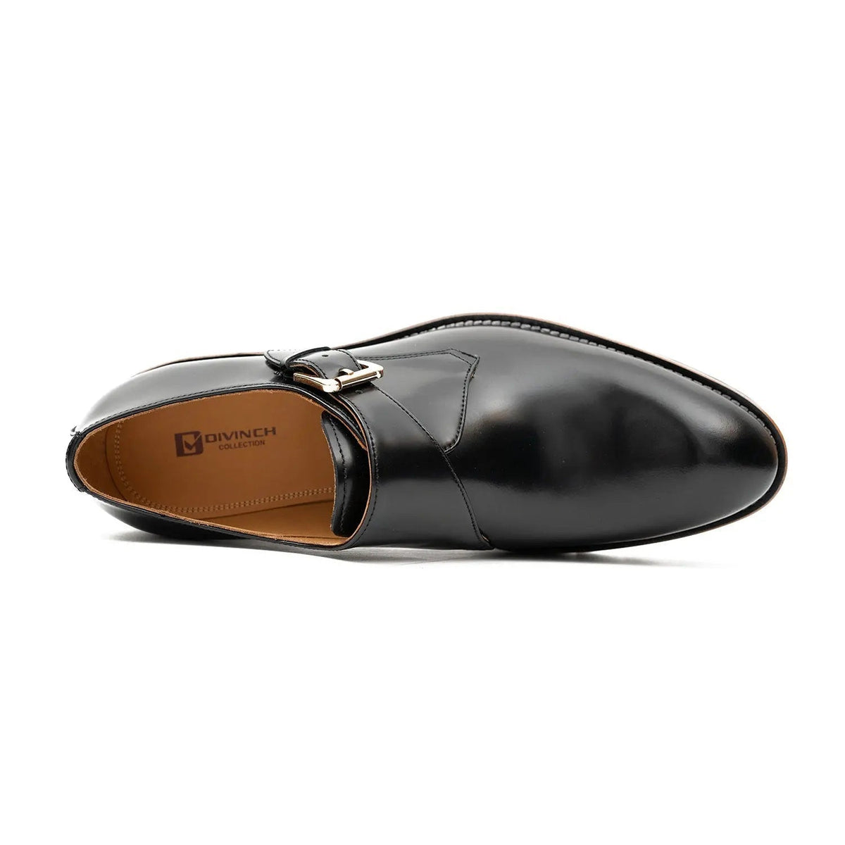 Black Plain-Toe Single Monk Strap Shoes with Brown-Band Lug Sole