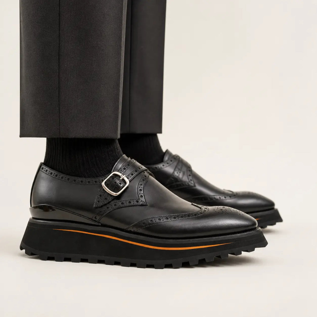 Black Lug Sole Wingtip Buckle Monk Shoe