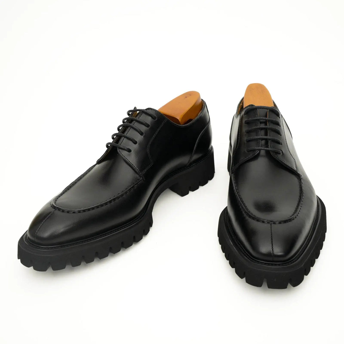 Black Calfskin Apron-Toe Derby Shoes with Lug Sole