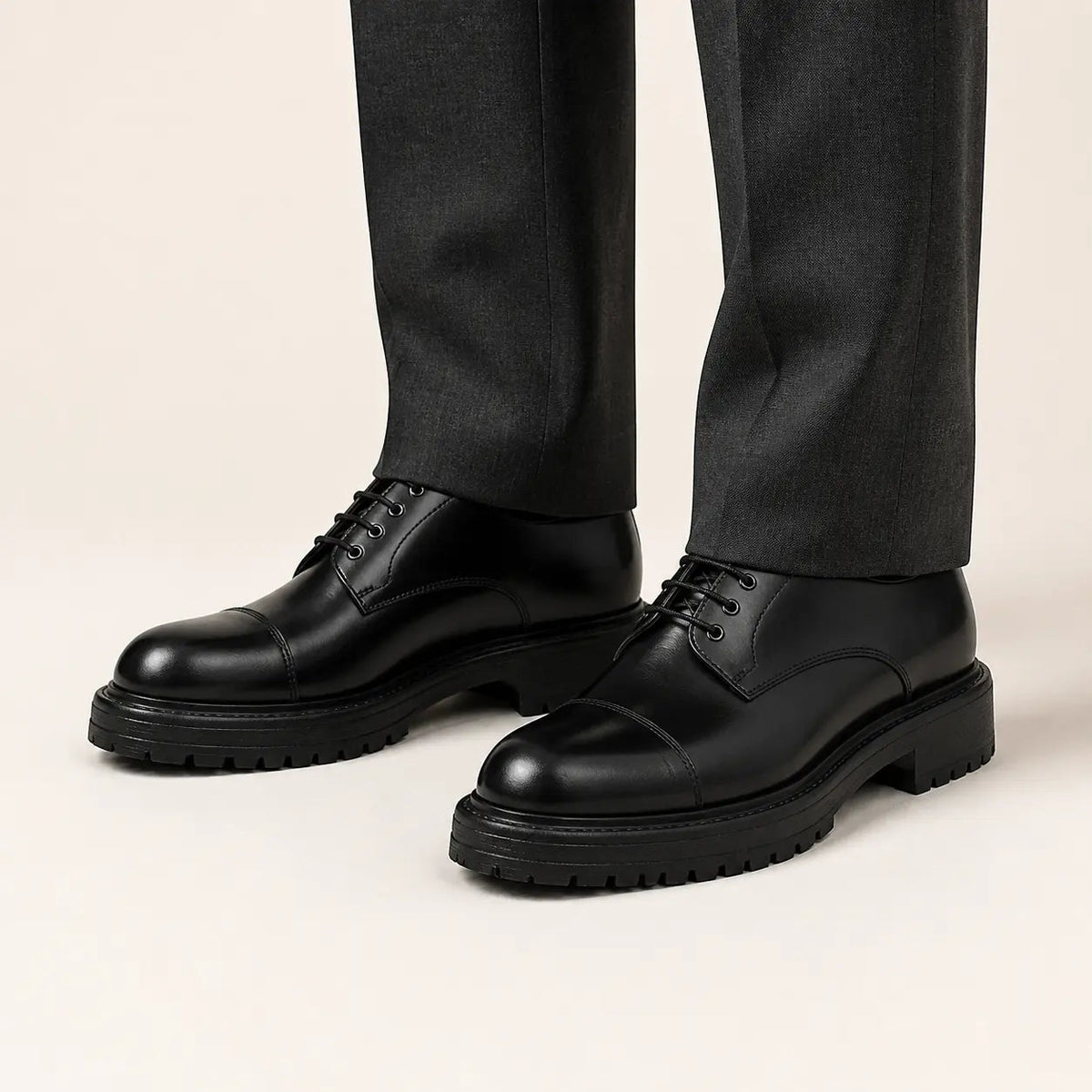 Black Cap-Toe Derby Shoes with Pull Tab