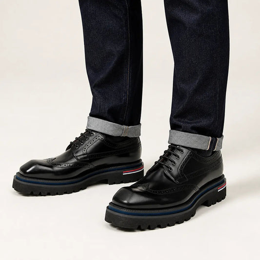 Black Wingtip Derby Shoes with Metal Eyelets