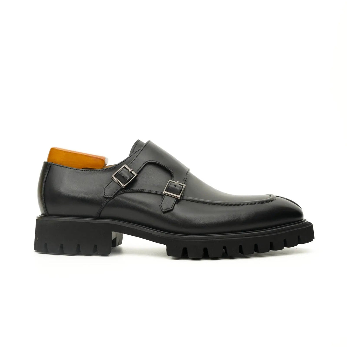 Black Apron-Toe Double Monk Strap Shoes with Lug Sole