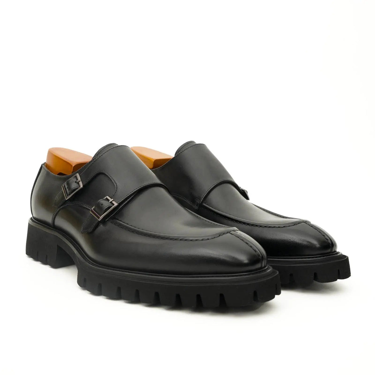 Black Apron-Toe Double Monk Strap Shoes with Lug Sole